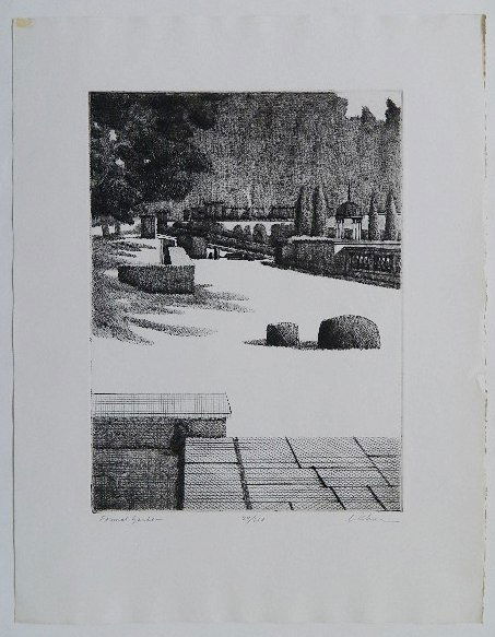 Leonard Lehrer engraving: Leonard Lehrer- ''Formal Garden'' (AAA/Czestochowski 1969.047)- engraving, signed, titled and numbered 2/250 in pencil, AAA publication, very good condition. 11 3/4 x 8 3/4''