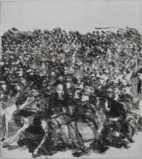 Gerson Leiber etching: Gerson Leiber- ''Stockholder's Meeting''(AAA/Czestochowski 1959.024)- etching, 1959, signed, dated, titled and numbered 140-220 in pencil, AAA edition. 16 3/4 x 15''
