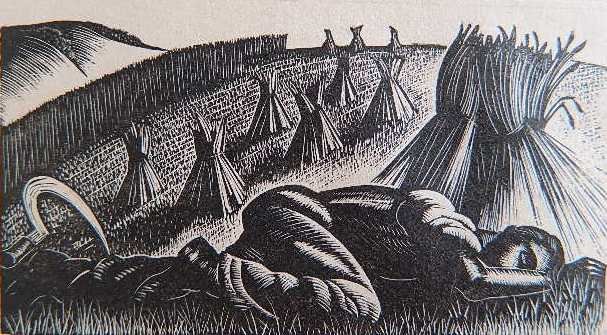 Clare Leighton wood engraving: Clare Leighton- ''He that Sleepeth in Harvest''- wood engraving, 1951-52, signed, titled and numbered 4/75 in pencil, very good condition. 2 1/2 x 4''