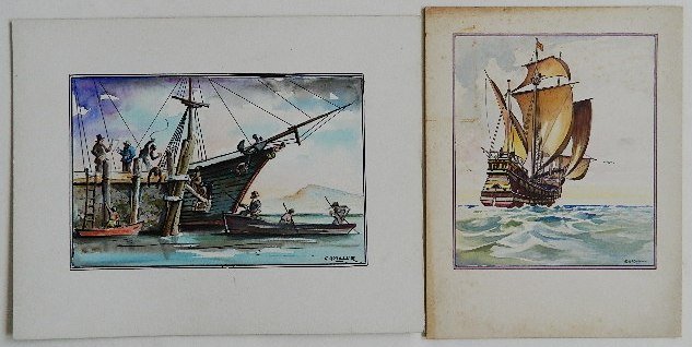 Earl R. Miller 2 watercolor and pen and ink: Earl R. Miller- ''Unloading, Cargo From A Slave Runner at Bristol R.I.''; Ship at Sea- 2 watercolor and pen and ink on illustration board, both signed, various sizes.