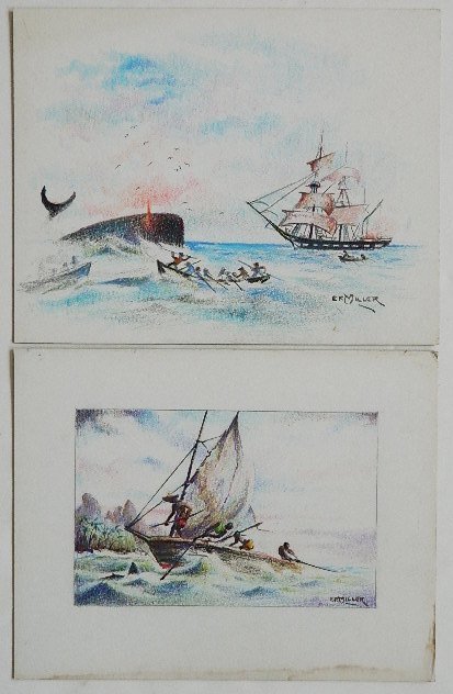 Earl R. Miller 2 colored pencil and pen and ink: Earl R. Miller- Whaling Scene; Fishing Scene- 2 colored pencil and pen and ink on paper, both signed, various sizes.