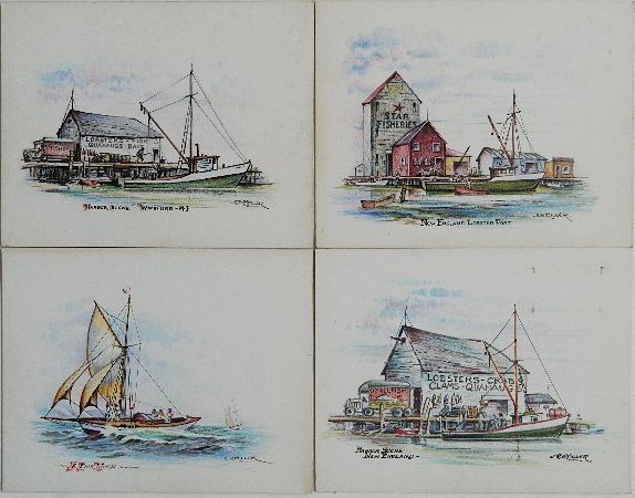 Earl R. Miller 4 colored pencil: Earl R. Miller- ''New England Lobster Port''; ''Harbor Scene, Wickford R.I.''; ''Harbor Scene, New England''; ''A Fair Wind''- 4 colored pencil on illustration board, all signed. 11 x 14'' (sheet) ea.