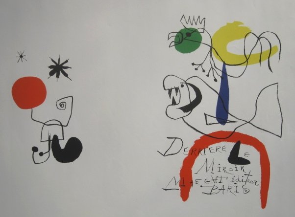Joan Miro lithograph DLM: after Joan Miro lithograph in colors from Derriere Le Miroir, Maeght editeur, Paris, soiling throughout, remnants of tape lower right corner. 14 1/8 x 20 1/2''
