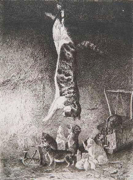 Peter Moran etching: Peter Moran- ''The Cat Feigning Death'' (Wright 28i/II)- etching, 1877. 8 3/8 x 16''
