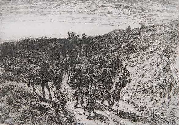 Peter Moran etching: Peter Moran- ''The Burro Train, New Mexico'' (Wright 42)- etching, 1880. 6 5/8 x 9 1/2''