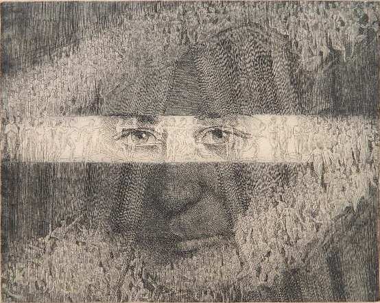 Lynn Thomas Morgan etching: Lynn Thomas Morgan- ''Past Present Future''- etching, signed, titled and numbered 5/75 in pencil, a few small tears along edges and minor handling creases, minor soiling and staining. 7 3/4 x 9 3/4''