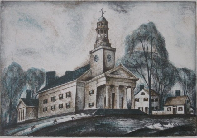 Warren Newcombe lithograph: Warren Newcombe- ''New England Meeting House''- lithograph in colors, 1936, edition of about 200, published by the American Artists Group. 9 x 13''
