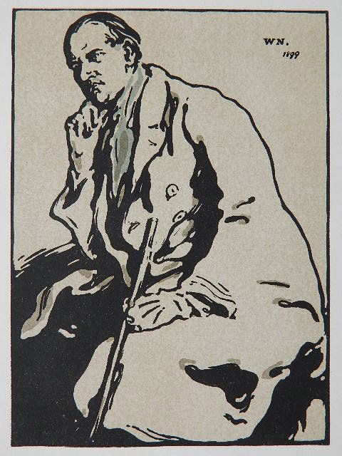 William Nicholson woodcut: William Nicholson- James Pryde- woodcut in colors, c. 1899, as published by 'The Studio' London. 8 x 5 1/2''