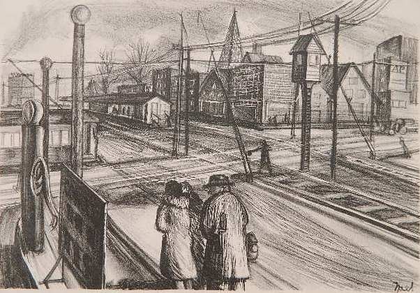 Helen Noel lithograph: Helen Noel- ''Railroad Crossing''- lithograph, few small tears along edges and minor soiling and staining in margin and verso. 8 3/4 x 12 1/2''
