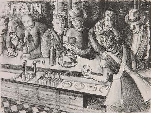 Helen Noel lithograph: Helen Noel- ''Lunch Counter''- lithograph, a tear and abrasion/surface paper loss upper right in image, minor soiling and staining, minor handling creases. 8 1/2 x 11 1/2''