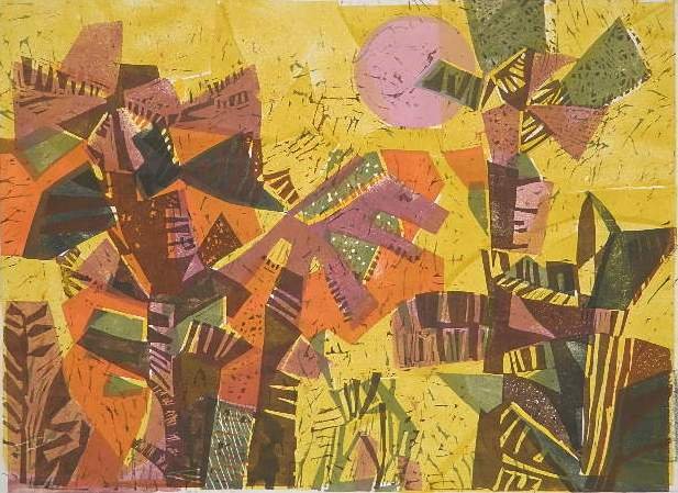 Hermann Ober lithograph: Hermann Ober- Composition- lithograph in colors, 1956, signed, dated, titled and numbered 80/12 in pencil, tipped to support board in several spots. 21 1/4 x 29 1/2''