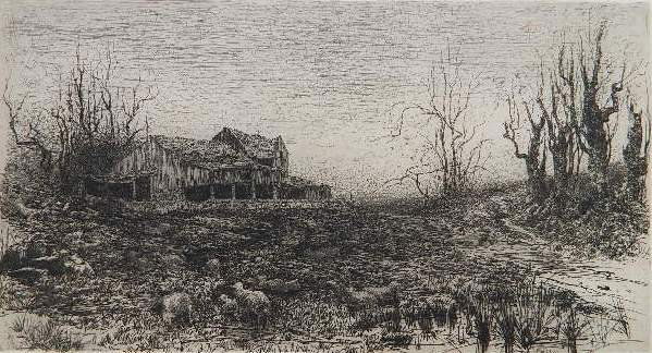 Stephen Parrish etching: Stephen Parrish- ''November''- etching on laid paper. 5 1/2 x 10 1/2''