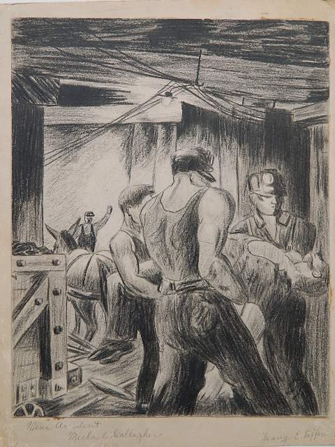 Jenny E. Patten graphite: Jenny E. Patten- ''Mine Accident''- graphite on paper after Michael J. Gallagher, signed, titled and annotated in pencil on the mount. 13 1/8 x 10''