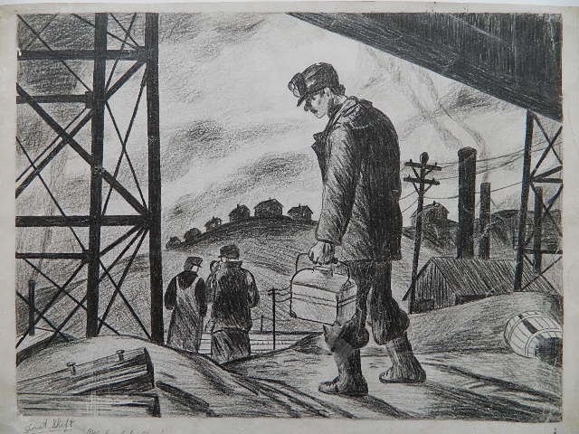 Jenny E. Patten graphite: Jenny E. Patten- ''First Shift''- graphite on paper after Michael J. Gallagher, signed, titled and annotated in pencil. 9 1/4 x 13 3/8''