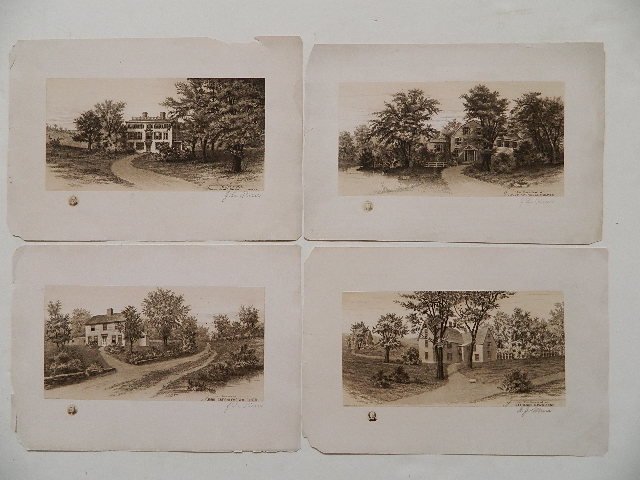 J. La Pierre; R. J. Mura - 4 etchings: J. La Pierre- ''Birth Place of John Greenleaf Whittier''; ''Elmwood: Home of James Russell Lowell''; ''The Homestead of Oliver Wendell Holmes''; R. J. Mura- ''The Home of Nathaniel Hawthorne''- 4 etch