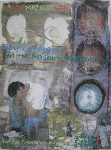 after Robert Rauschenburg poster: after Robert Rauschenberg- ''Rauschenberg at the Lab School, Washington, DC''- off-set lithographic poster, ca. 1997, signed in ink. 34 1/2 x 25 1/2''