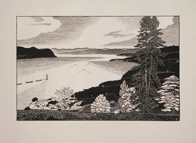Rudolph Ruzicka wood engraving: Rudolph Ruzicka- ''A Summer Day''- wood engraving, 1936-37, AAG edition of about 200, in original presentation mat, some soiling in margins. 5 1/8 x 8''