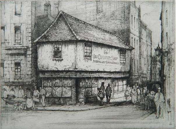 Edward Sharland etching: Edward Sharland- The Old Curiosity Shop- etching, signed in pencil. 5 1/2 x 7 3/8''