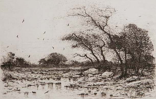 Christopher Shearer etching: Christopher Shearer- Stormy Landscape- etching, upper corners with some paper loss. 7 1/4 x 11 1/4''