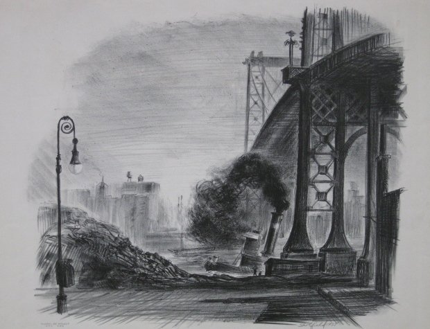 Raymond Skolfield lithograph: Raymond Skolfield- ''Below the Williamsburg Bridge''- lithograph, 1937, signed and dated in pencil, Federal Art Project NYC WPA stamp, slightly age-toned around edges, small staining upper right, mino