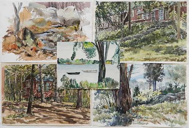 L. Anthony and Elizabeth Slater 4 watercolors: L. Anthony and Elizabeth Slater- Landscapes- 4 watercolors on paper, together with a watercolor by Ruth Forrest, all estate stamped, good condition, various sizes.