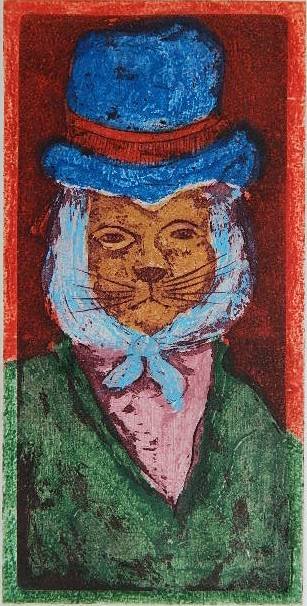 Luis Solari etching: Luis Solari- Cat in Hat- etching in colors, signed and numbered 45/50 in pencil. 7 3/4 x 3 7/8''
