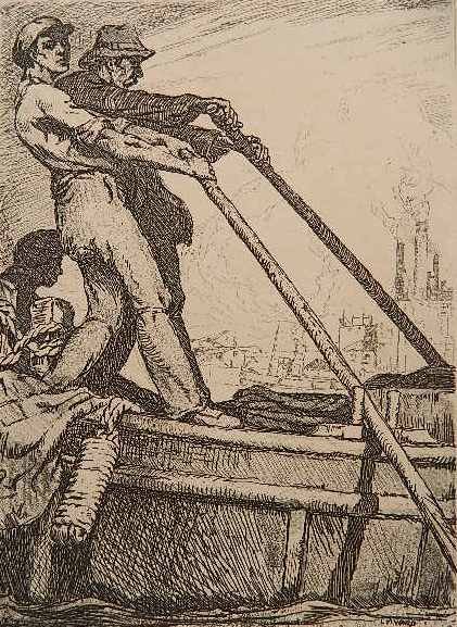 Leslie Ward etching: Leslie Ward- Thames Bargeman- etching, 1921, signed, dated and titled in pen and ink, trimmed and laid down. 10 3/4 x 8''