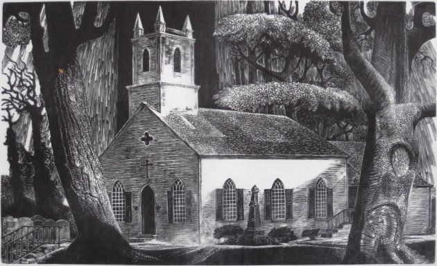 Lynd Ward wood engraving: Lynd Ward- ''Historic Christ Church at Middletown''- wood engraving, c. 1970, signed, titled and numbered 232/250. 9 1/8'' x 15''