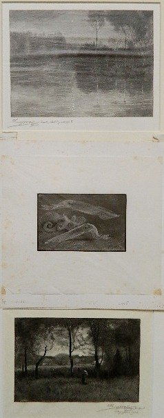 Henry Wolf 3 engravings on tissue: Henry Wolf- ''Squid & Devilfish'' after J. Beard, 1890; Landscape with A Woman, after G. Innes, 1902; Lake Scene- 3 engravings on tissue, 'Landscape' and 'Lake Scene' signed in pencil, 'Landscape' als