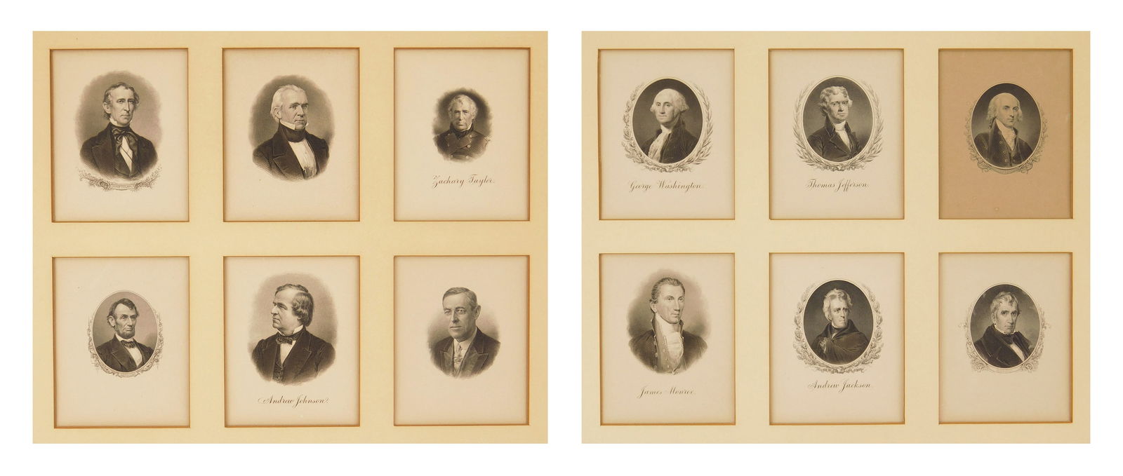 12 Engravings of US Presidents: 12 Small engravings of U.S. Presidents- Abraham Lincoln; 2 of Andrew Jackson; John Taylor; Zachary Taylor; James K. Polk; Lyndon B. Johnson; George Washington; Thomas Jefferson; James Madison; James M