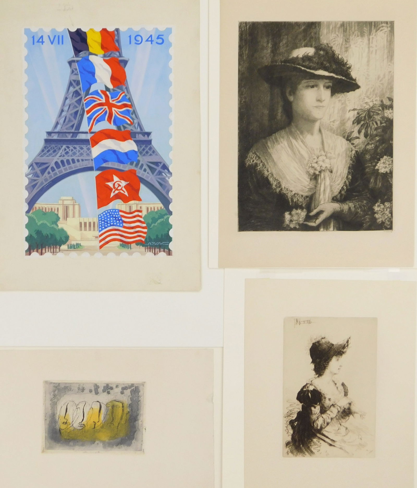 4 European Works on Paper including Fautrier; Kow; Gaugengigl & Dielman: 4 European Works on Paper- 1.) Frederick Dielman (German/American 1847-1935)- Eudora- etching. 2.) Jean Fautrier (French 1898-1964)- Quatres Visages- etching and aquatint. 3.) Ignaz