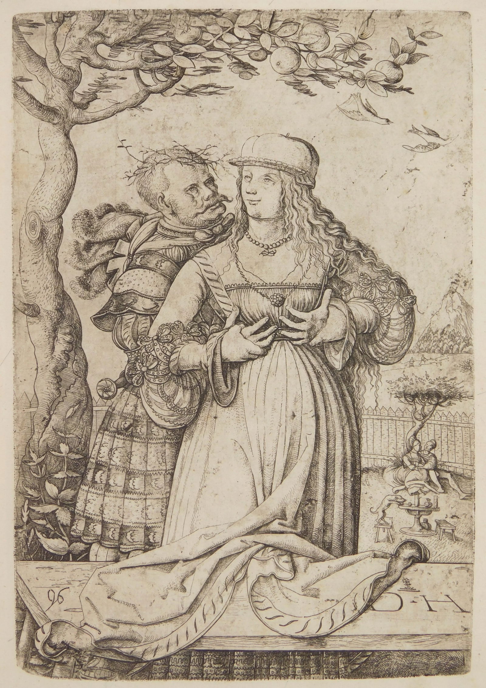 Daniel Hopfer etching: Daniel Hopfer (German ca. 1470-1536) Lovers (Soldier Embracing a Woman) etching, ca. 1520. 8 3/4 x 6 1/8"