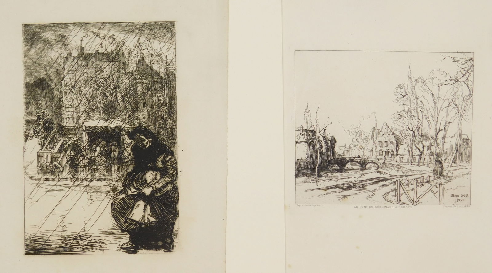 2 Auguste-Louis Lepere etchings: Auguste-Louis Lepere (French 1849-1918) Le Pont du Beguinage a Bruges & Le Quai au coin de la Rue des Bernadins 2 etchings. 4 5/8 x 5 3/8" and 7 x 4 5/8"