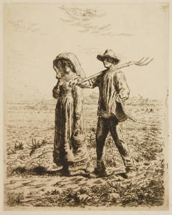 Jean Francois Millet etching: Jean Francois Millet (French 1814-1875) Le Depart Pour Le Travail (Delteil 19 vii/VII) etching on laid paper, 1863. 15 1/4 x 12 1/8" Provenance: Private collection- Ton