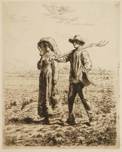 Jean Francois Millet etching: Jean Francois Millet (French 1814-1875) Le Depart Pour Le Travail (Delteil 19 vii/VII) etching on laid paper, 1863. 15 1/4 x 12 1/8" Provenance: Private collection- Ton