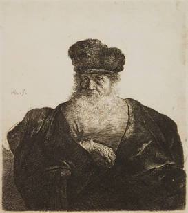 Rembrandt etching: Rembrandt (Dutch 1606-1669) Old Man with Beard, Fur Cap and Velvet Cloak (Bartsch 262) etching and engraving, 1631-32. 5 7/8 x 5 1/8"