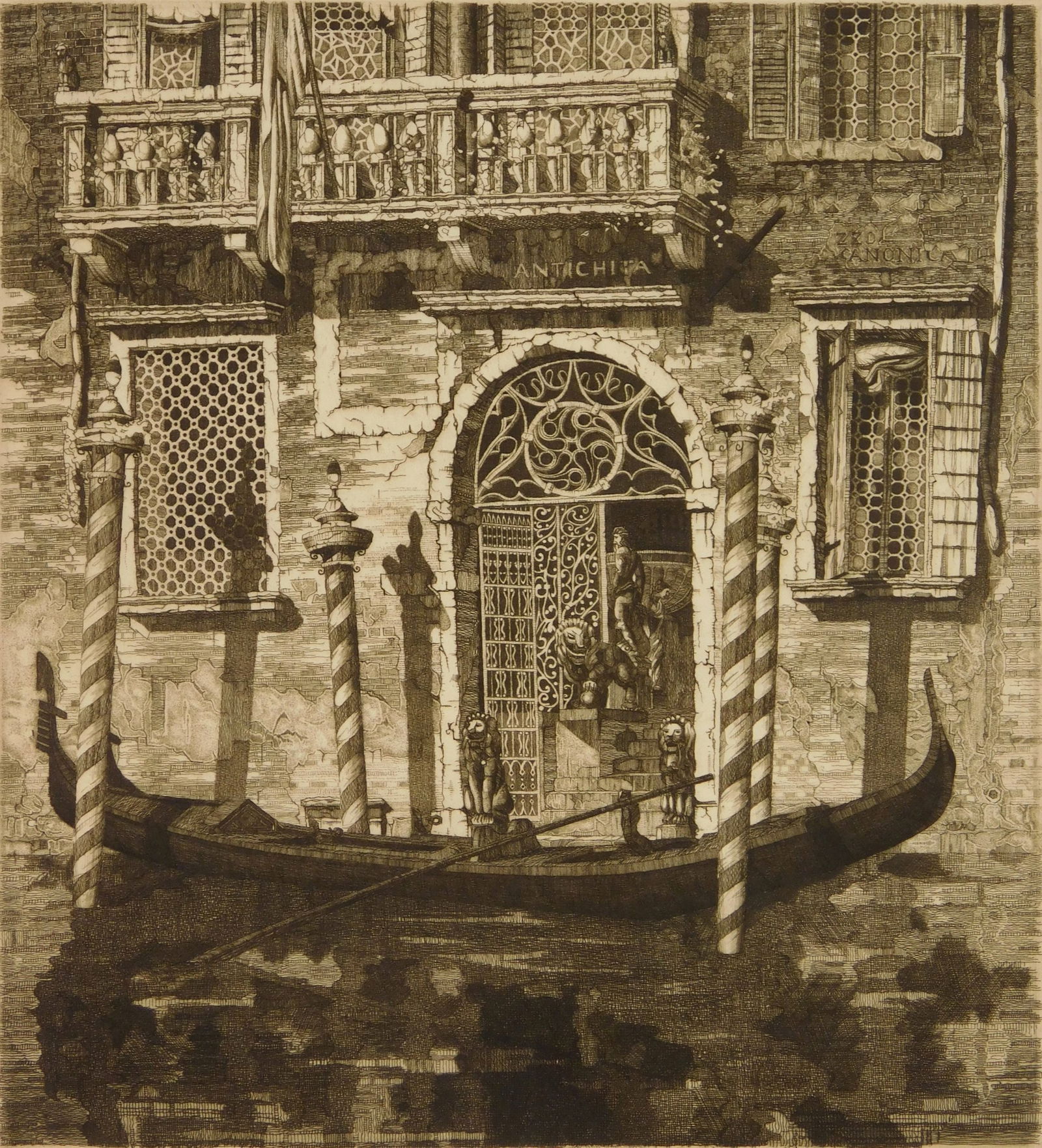 John Taylor Arms etching: John Taylor Arms (1887-1953) Palazzo Dell'Angelo (Fletcher 233) etching, 1931, signed, dated and inscribed in pencil, total edition 147, Italian series #9. 7 1/4 x 6 3/4''