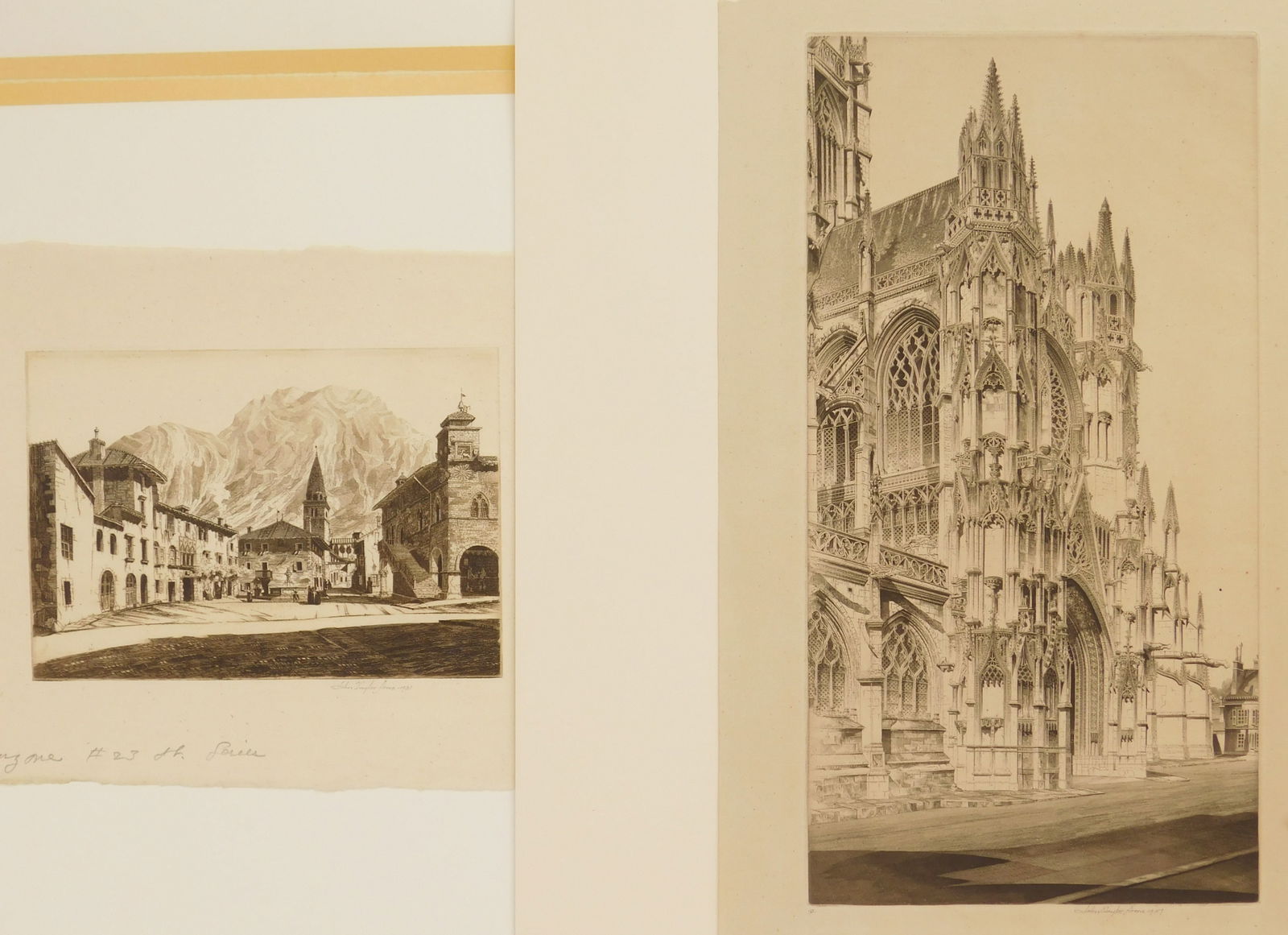 2 John Taylor Arms etchings: John Taylor Arms (1887-1953) La Piazza, Venzone (Fletcher 239) etching,1931. signed and dated in pencil, edition of 127. 5 1/4 x 7 3/8" Memento Vivere, Notre Dame (F.&nb