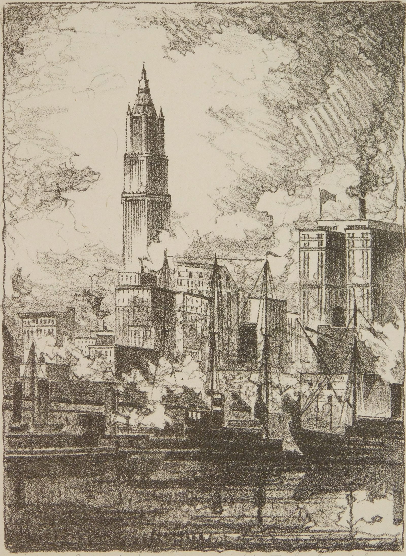 John Taylor Arms lithograph: John Taylor Arms (1887-1953) New York Skyline, Sketch (Fletcher 435) lithograph ,1921, signed in pencil by Arms and the printer, Bolton Brown, edition of 20. 6 3/4 x 5"