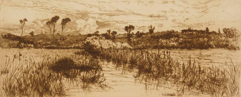 Mary Nimmo Moran etching: Mary Nimmo Moran (1842-1899) The Haunt of the Muskrat, Easthampton etching, 1884. 4 1/2 x 11 1/4" Provenance: Private collection- Olmsted Falls, OH