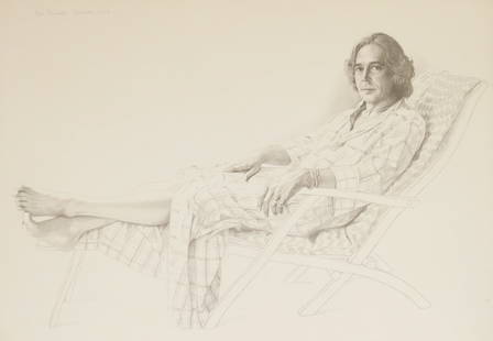 Ian Hornak pencil drawing: Ian Hornak (American 1944-2002) Woman in Recliner graphite on paper, 1974, signed Ian Hornak November 1974 upper left. 28 x 40'' Provenance: Private