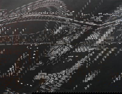 Yvonne Jacquette woodcut: Yvonne H. Jacquette (American 1934- ) Bridges Over Cuyahoga River, Cleveland woodcut, 1999, signed and dated in pencil in the image, edition of 250, The Print Club of Cleveland publication no. 78 for