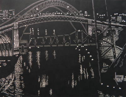 Yvonne Jacquette woodcut: Yvonne H. Jacquette (American 1934- ) Bridges Over Cuyahoga River, Cleveland woodcut, 1999, signed and dated in pencil in the image, edition of 250, The Print Club of Cleveland publication no. 78 for