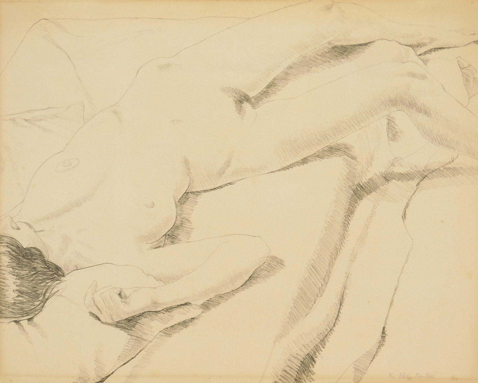 Philip Pearlstein lithograph: Philip Pearlstein (American 1924- ) Diagonal Nude lithograph, signed and numbered 13/20 in pencil. 19 1/2 x 24 1/2" Provenance: Sil
