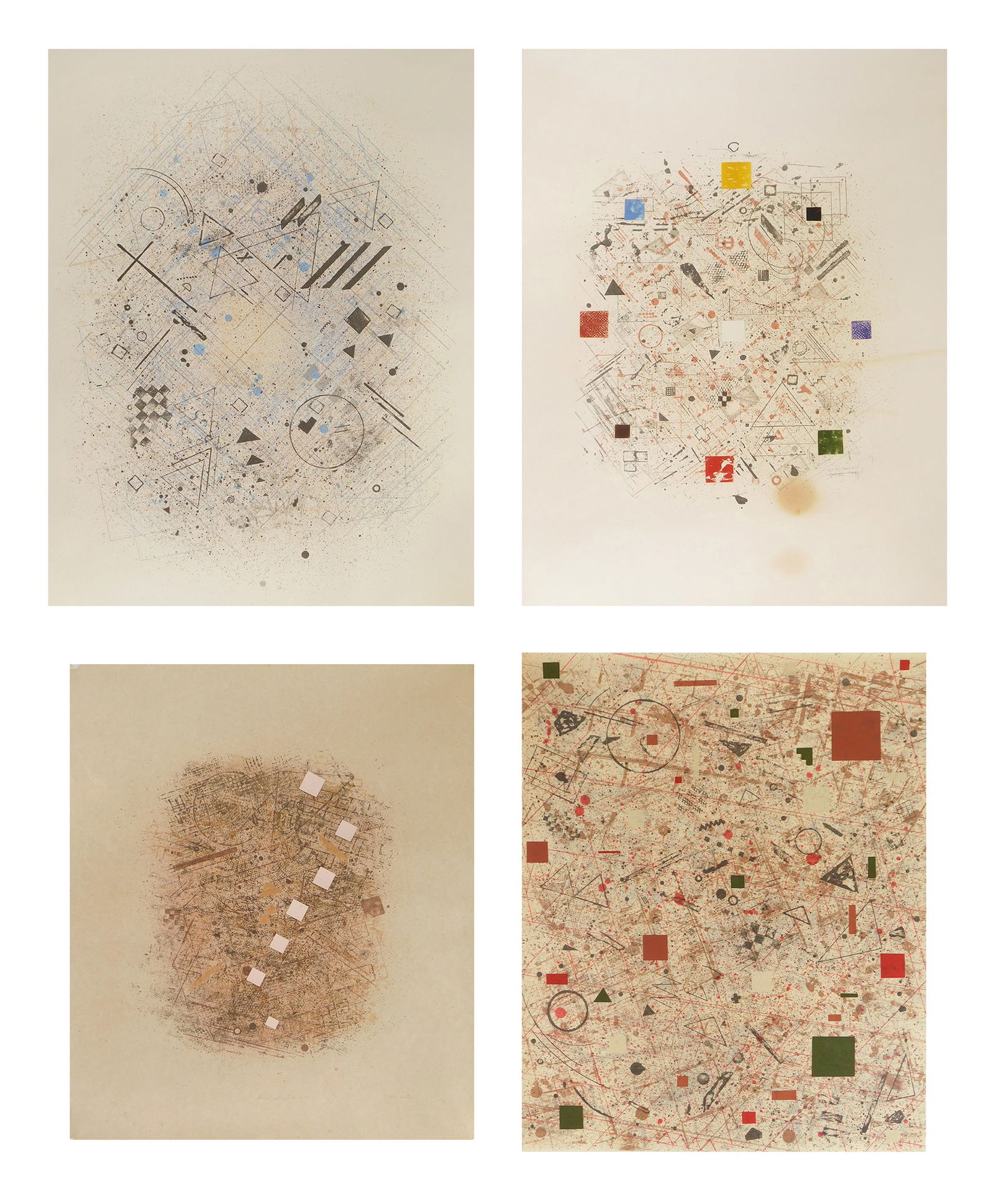 David Shapiro suite of silkscreens: David Shapiro (American 1944- ) Untitled suite of 4 silkscreen and collage, ca. 1978, all signed, titled and numbered 21/65 in pencil, titles include- Biely; Chapter & Verse; Seven Centers &