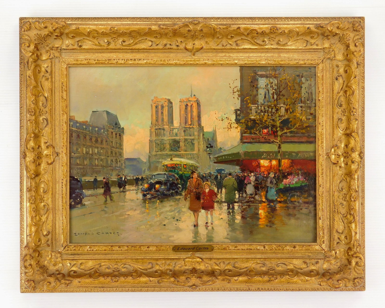 Edouard Cortes oil: Edouard Cortes (French, 1882-1969) Place Saint Michel et Notre Dame oil on canvas, signed Edouard Cortes lower left, framed. 13 x 18" Provenance: Private collection- Detroit, MI