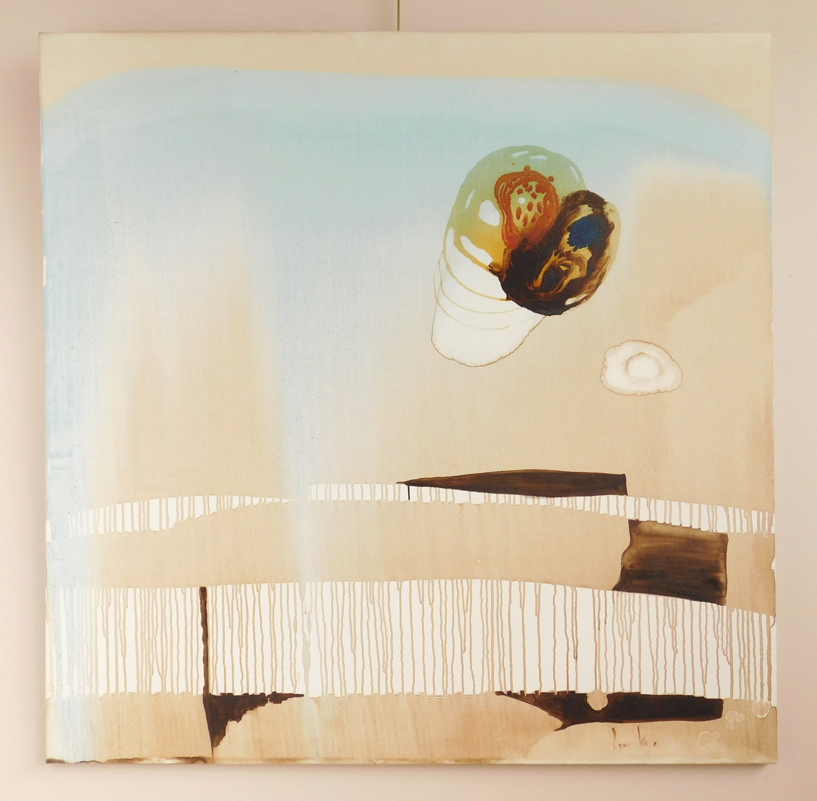 Lynn Kaye oil: Lynn Kaye (American 20ht/ 21st c.) Minial Float #II oil and blow torch on canvas, signed Lynn Kaye lower right. 48 x 48" Provenance: Private collection, Beachwood OH</