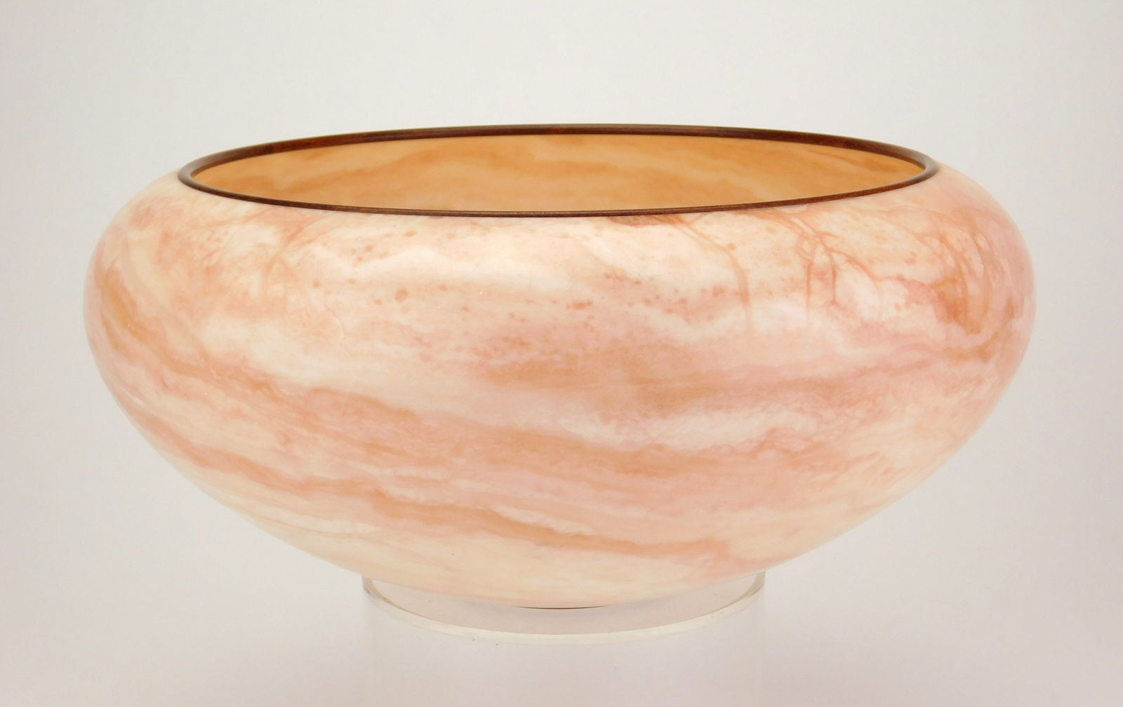 Max Kimmel pink alabaster bowl: Max Kimmel (American 1948-) Vessel #444 lathe-turned Colorado alabaster with Satine (bloodwood), signed Max Kimmel #444 on bottom. 6"h 13" dia.