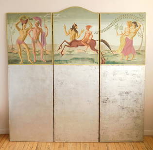 Art Deco Floor Screen: Art Deco style 3 panel floor screen- decorated with figures and centaur above silver ground. 74 x 72" (open) central panel 74 x 24", Flanking panels 70 x 2