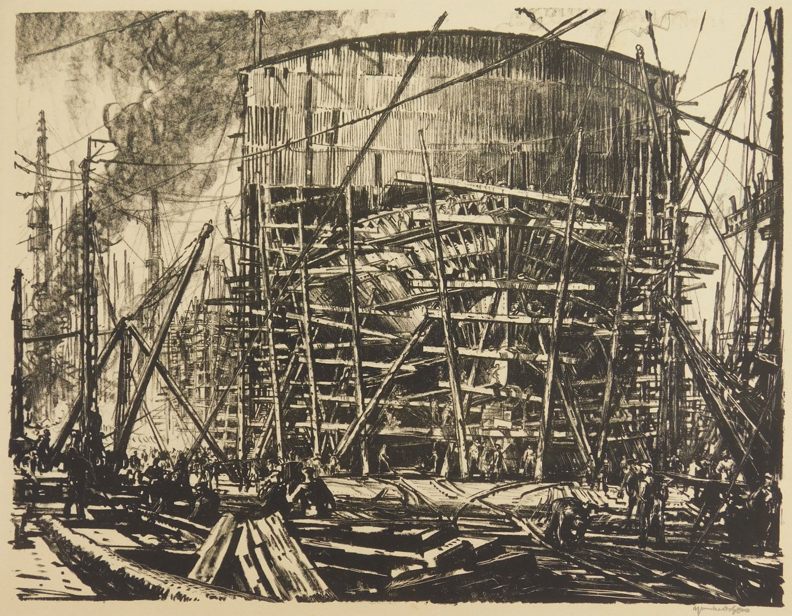 Muirhead Bone (British 1876-1953) lithograph: Building Ships: On The Stocks lithograph, ca. 1917, signed in pencil, from the portfolio The Great War: Britain's Efforts and Ideals. 14 x 18'' Provenance: Private collection- Denver, CO